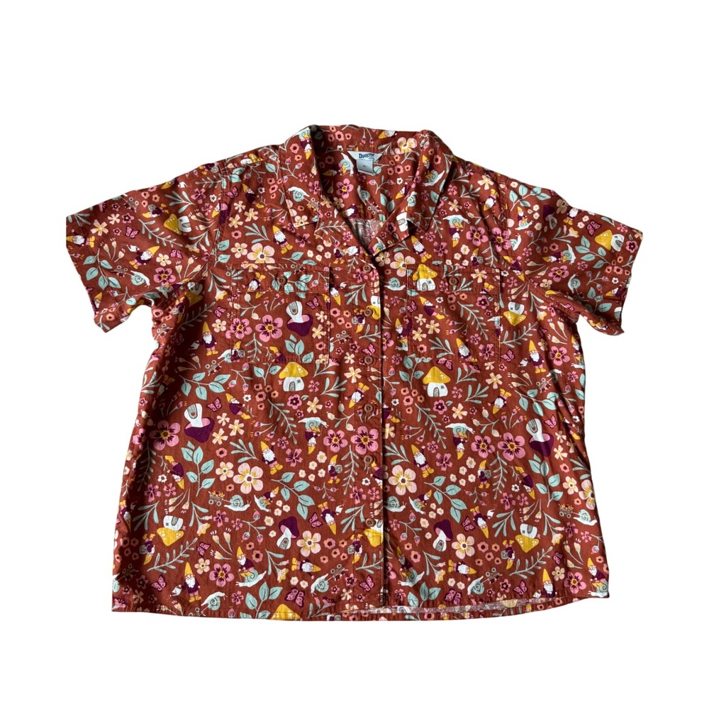 Duluth Trading Shirt Short Sleeve Artisan Hemp Mushroom Floral Camp Brown XL - Picture 2 of 8